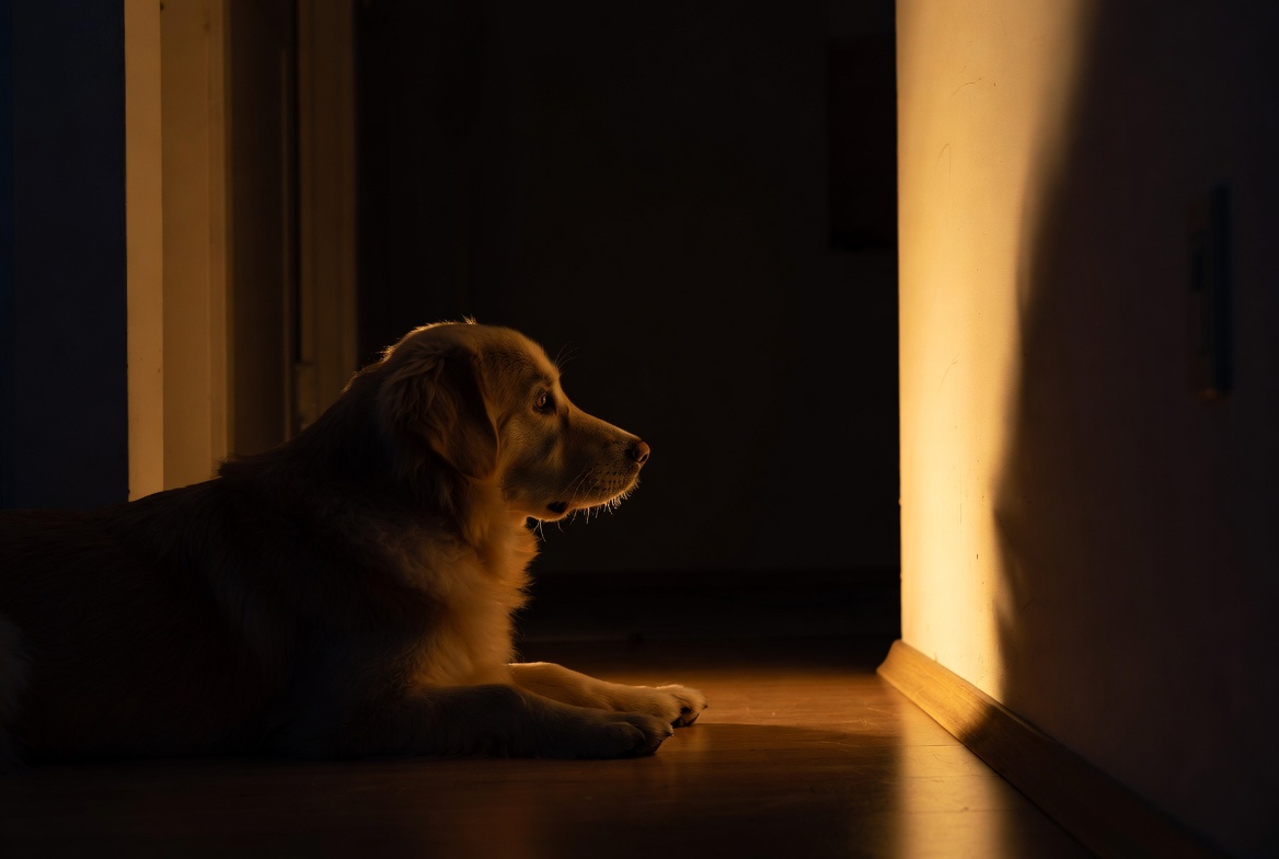 A dog looking toward a dark corner or empty space inside a home at night, as if sensing an invisible presence. Dim warm lighting, subtle shadows, and a spiritual, mysterious tone.