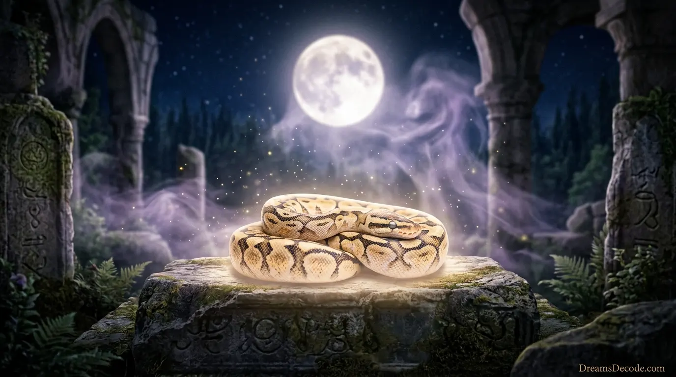snake dream meaning spiritual symbolism with a calm snake in a moonlit dream scene