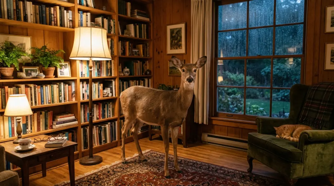 Deer standing inside a house in a dream, exploring deer dream meaning about boundaries