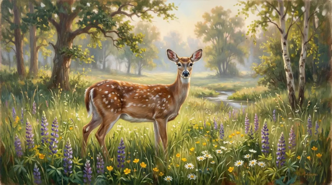 Calm deer standing in a forest representing the gentle deer dream meaning
