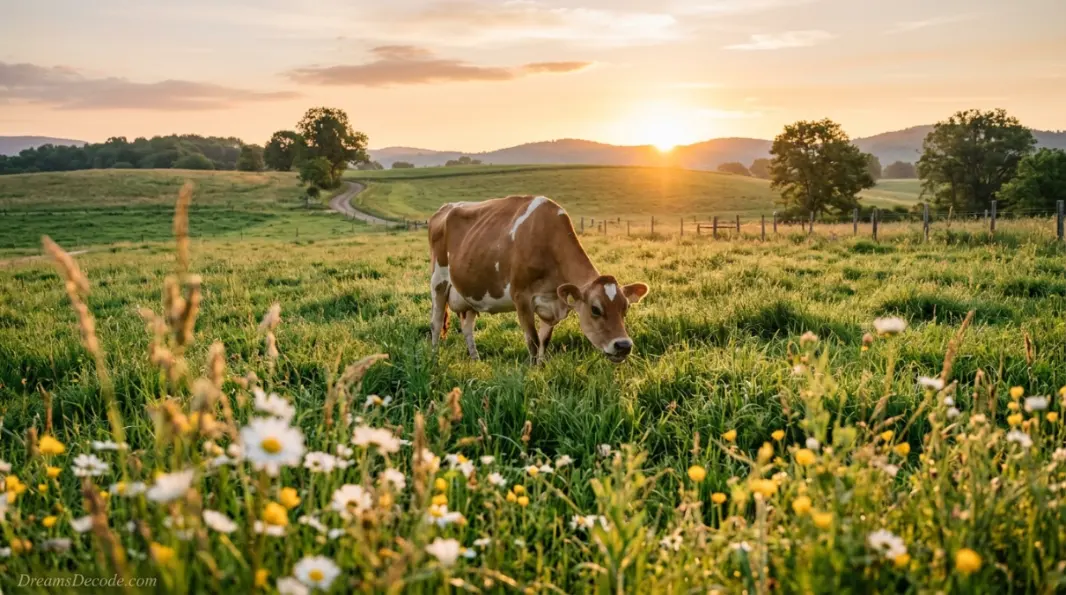 Cow dream meaning calm grazing in a green field at sunrise